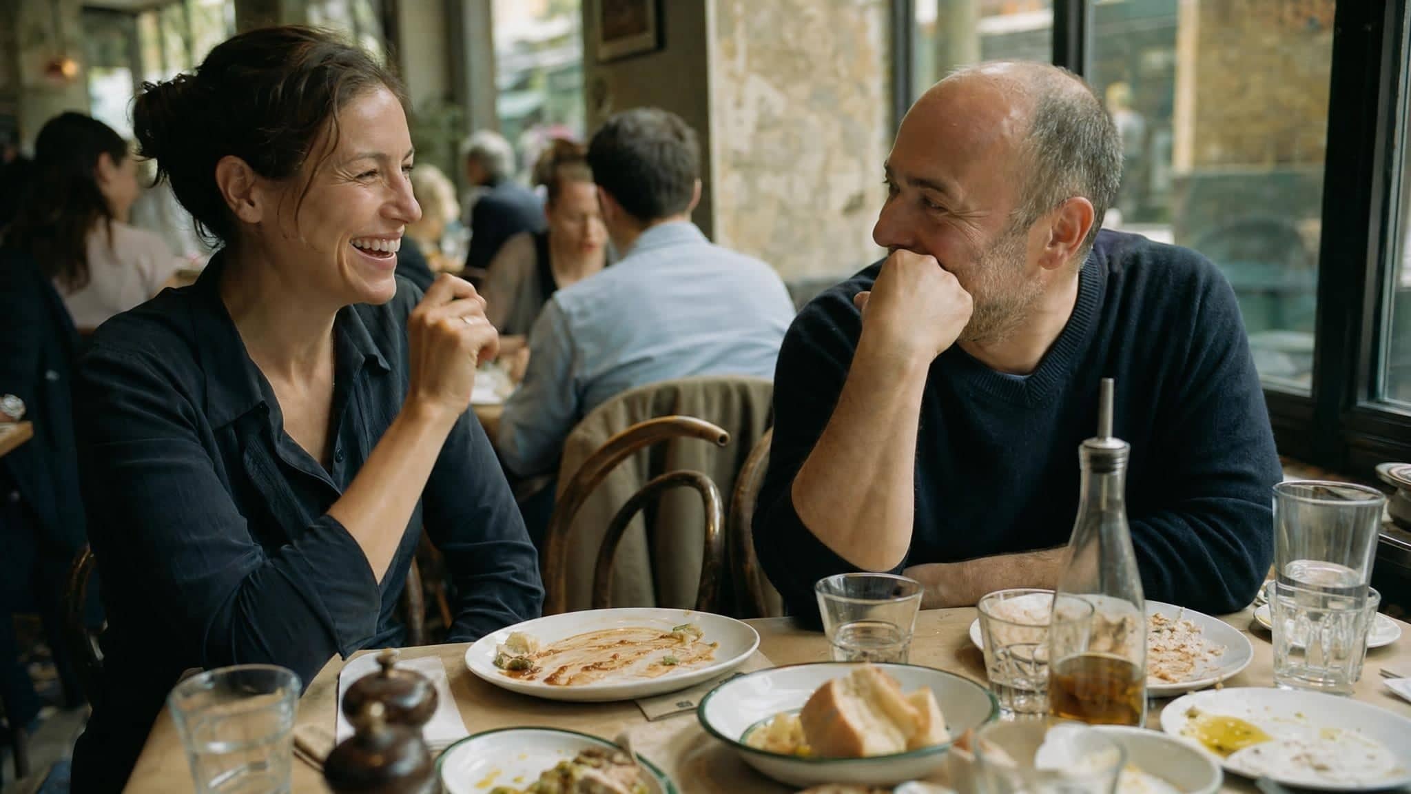 Two founders laughing over a long lunch by a restaurant window