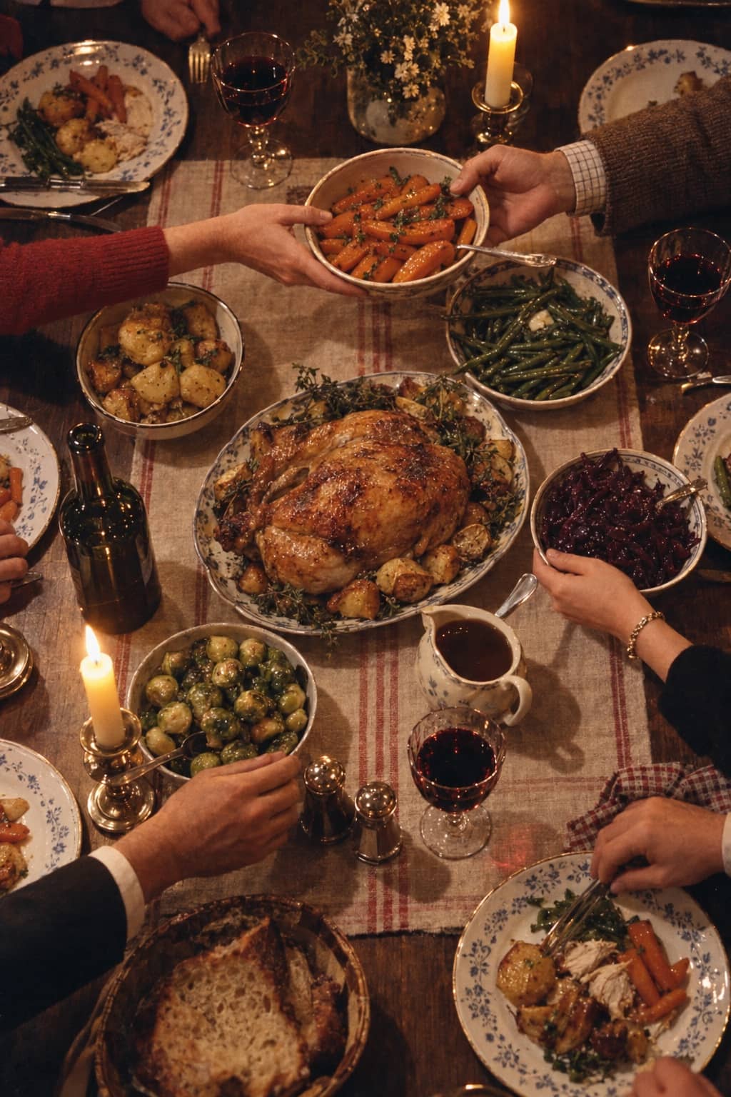 Mani che passano i piatti su un tavolo da cena in famiglia