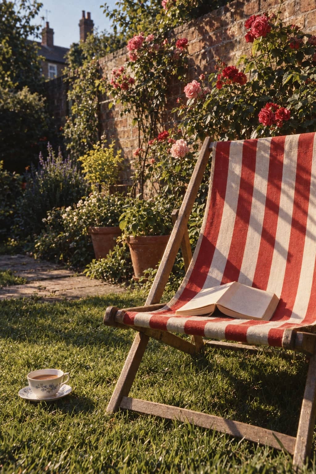 Un libro lasciato su una sdraio a righe in un giardino londinese
