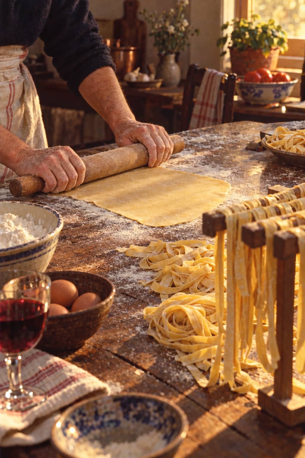 Mani che stendono pasta fresca su un tavolo da cucina