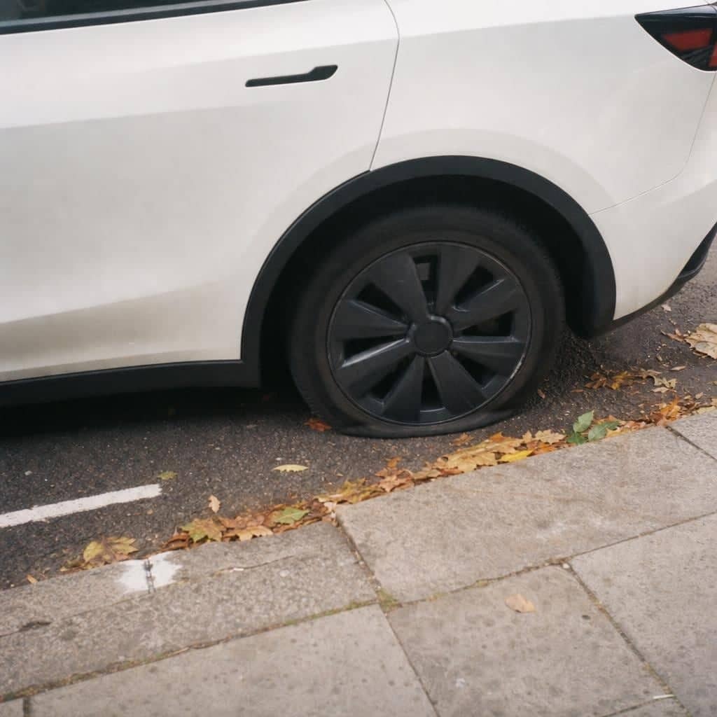 A phone photo of a flat tyre on a white car parked at the kerb