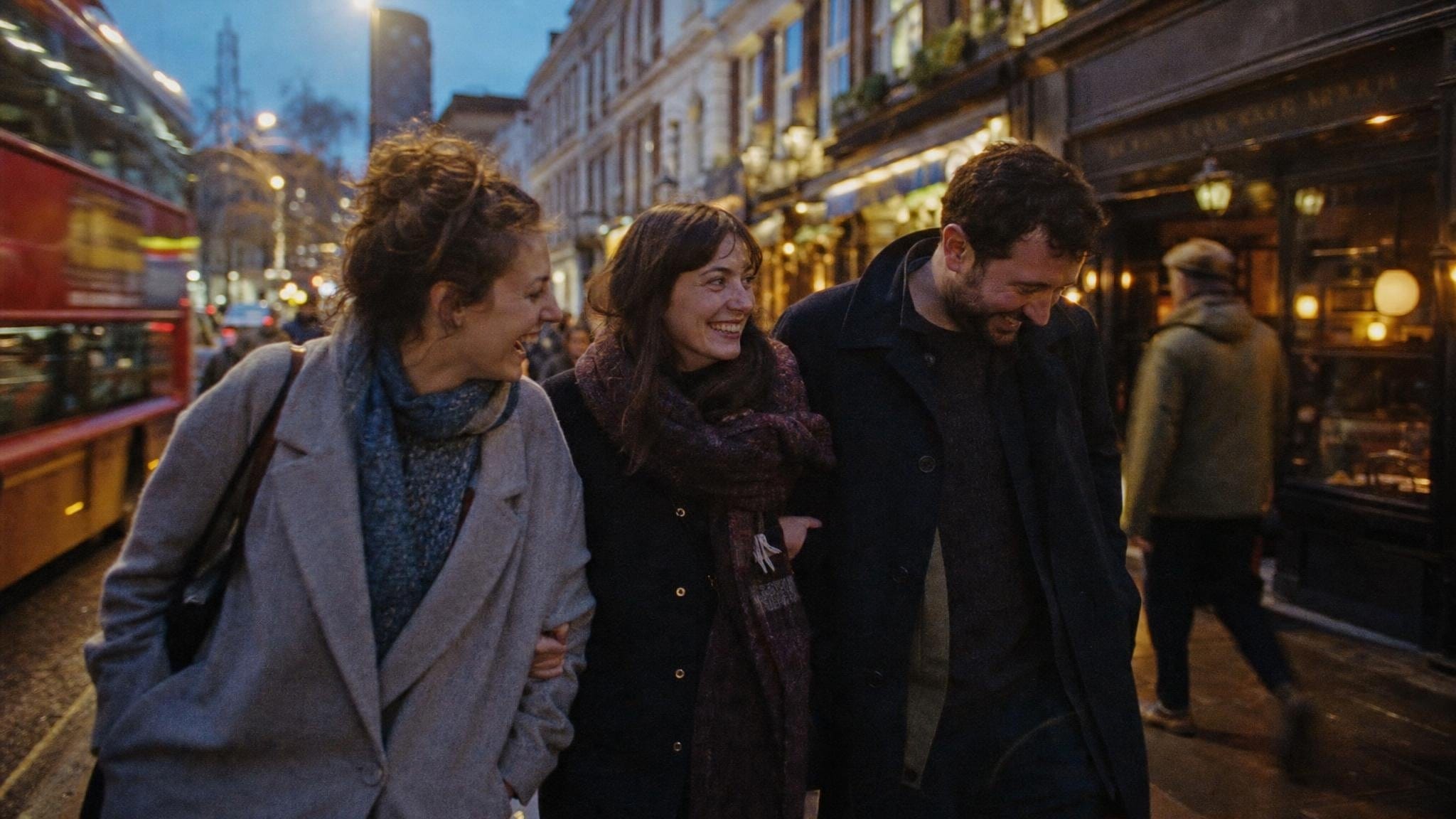 Three friends walking arm in arm down a London street at dusk