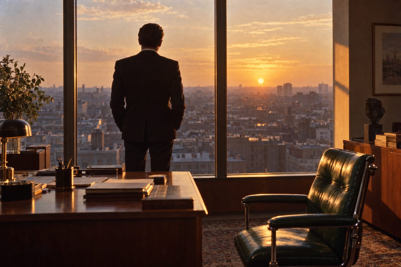 A leader at an office window over the rooftops at golden hour