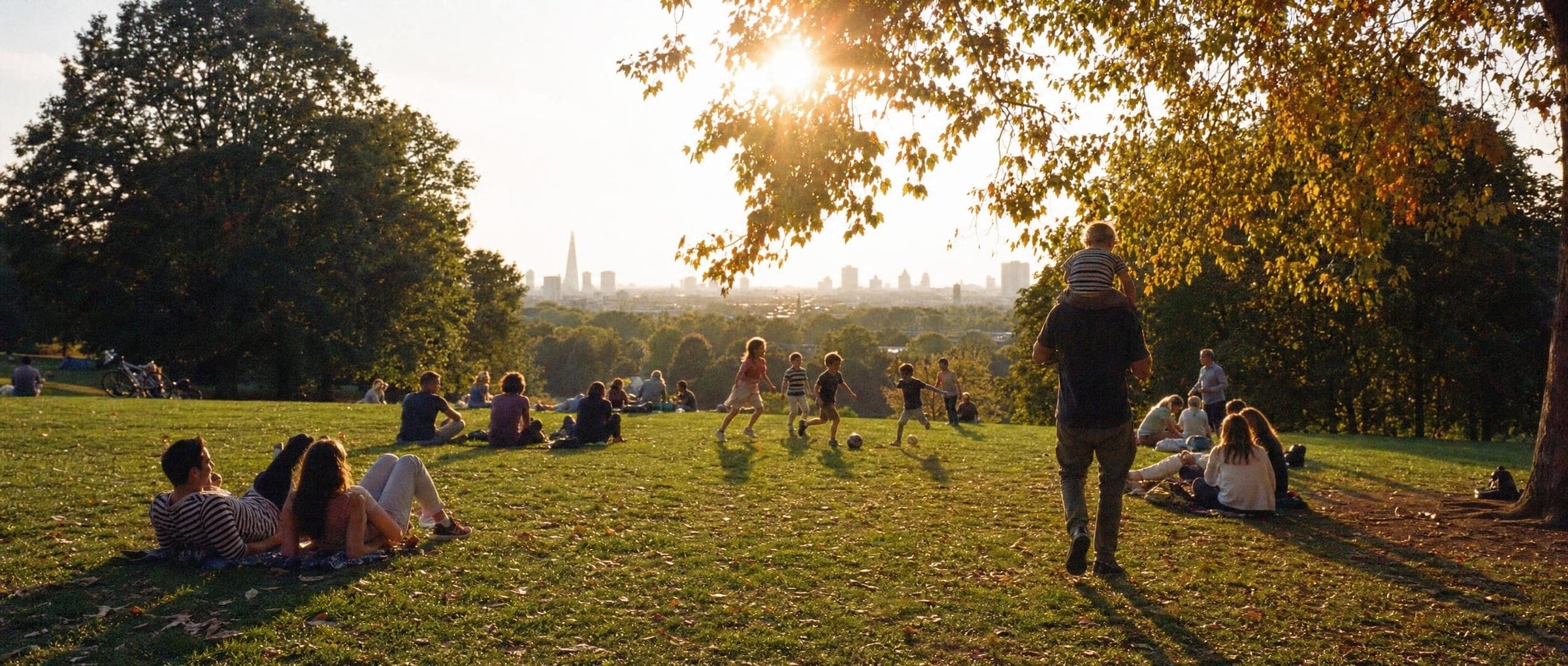 Familien und Freund:innen entspannen in der Goldenen Stunde auf dem Gras in einem Londoner Park