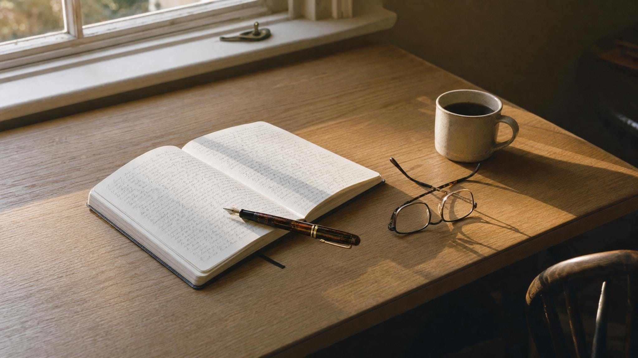 Ein aufgeschlagenes Notizbuch, Stift und Kaffee auf einem Schreibtisch im Morgenlicht