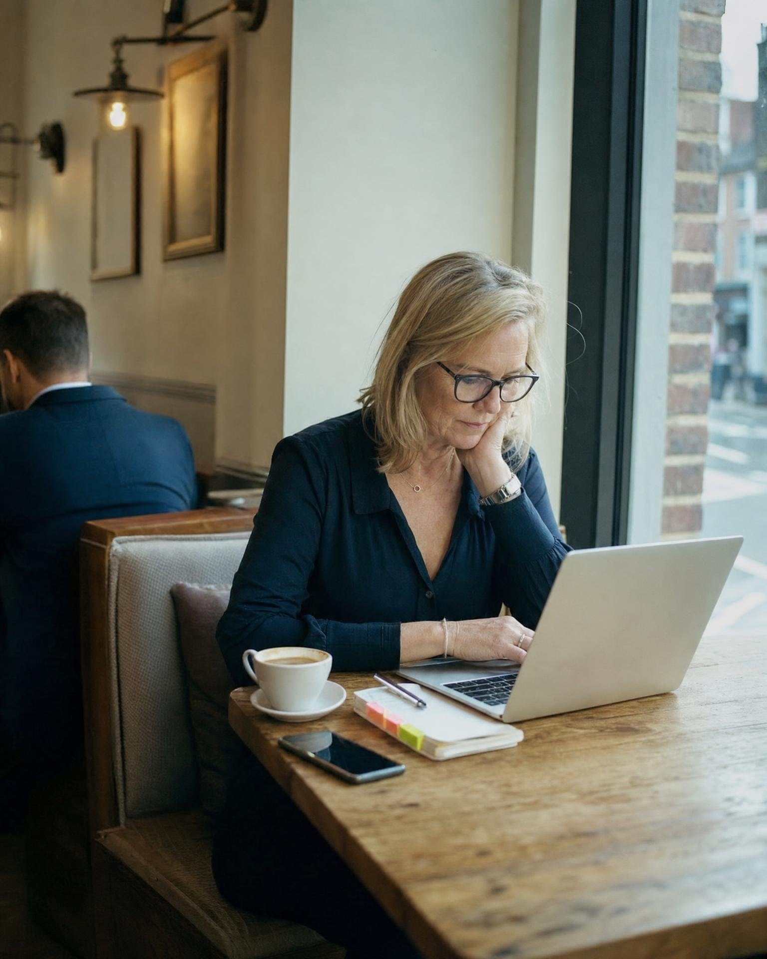 Eine Fractional Finance Director arbeitet am Fenstertisch in einem Café mit Laptop und Notizbuch