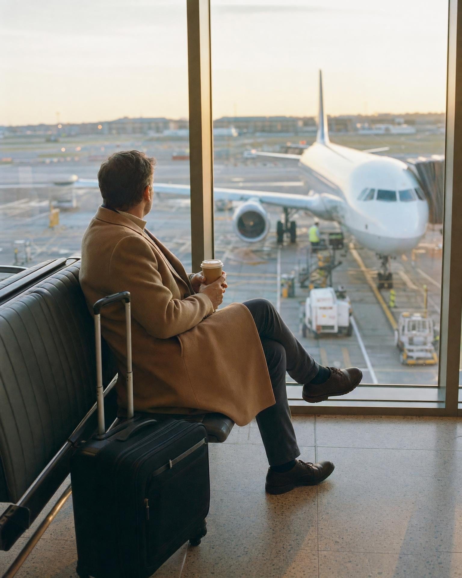 A man in a camel coat waits calmly by the window at an airport gate at sunrise