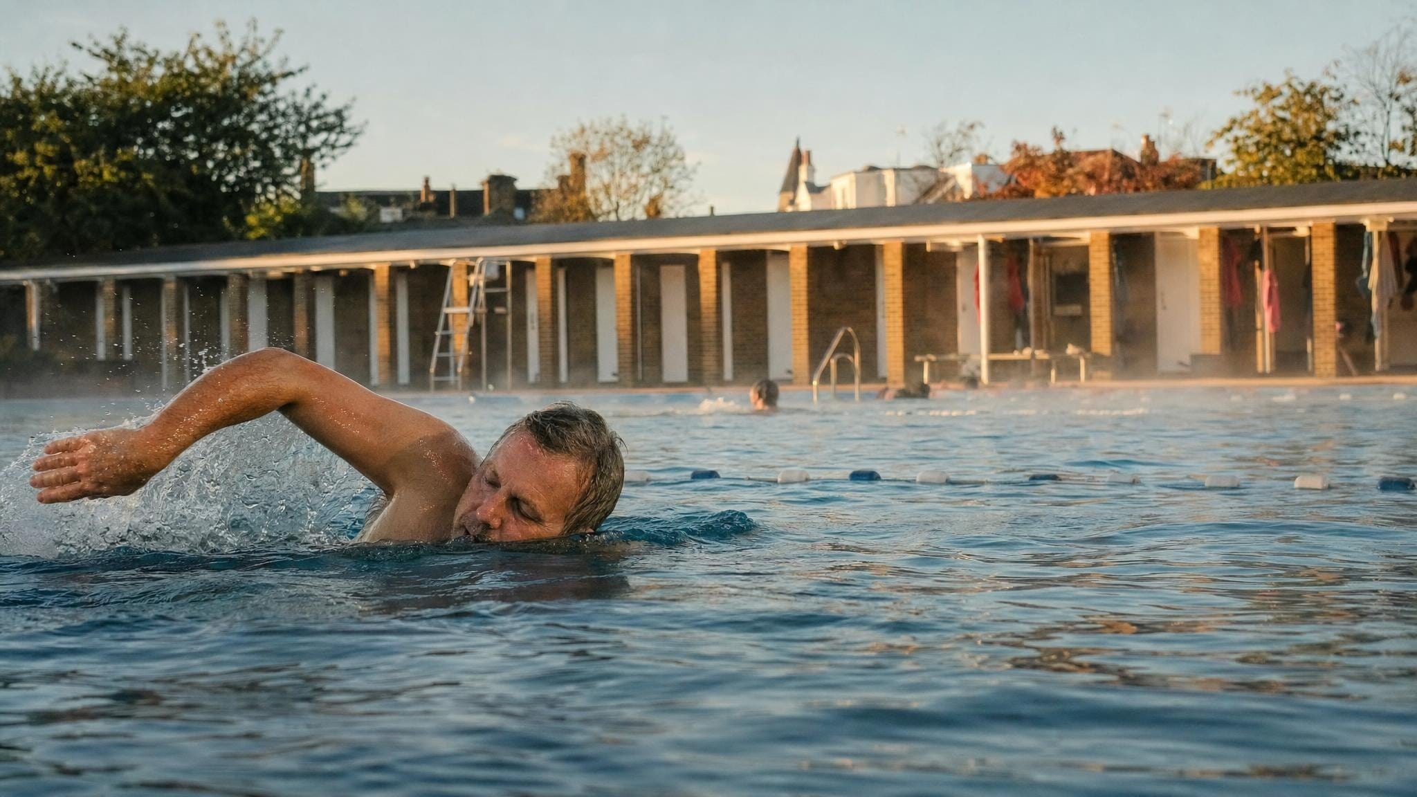 A man swimming lengths in an outdoor lido at sunrise